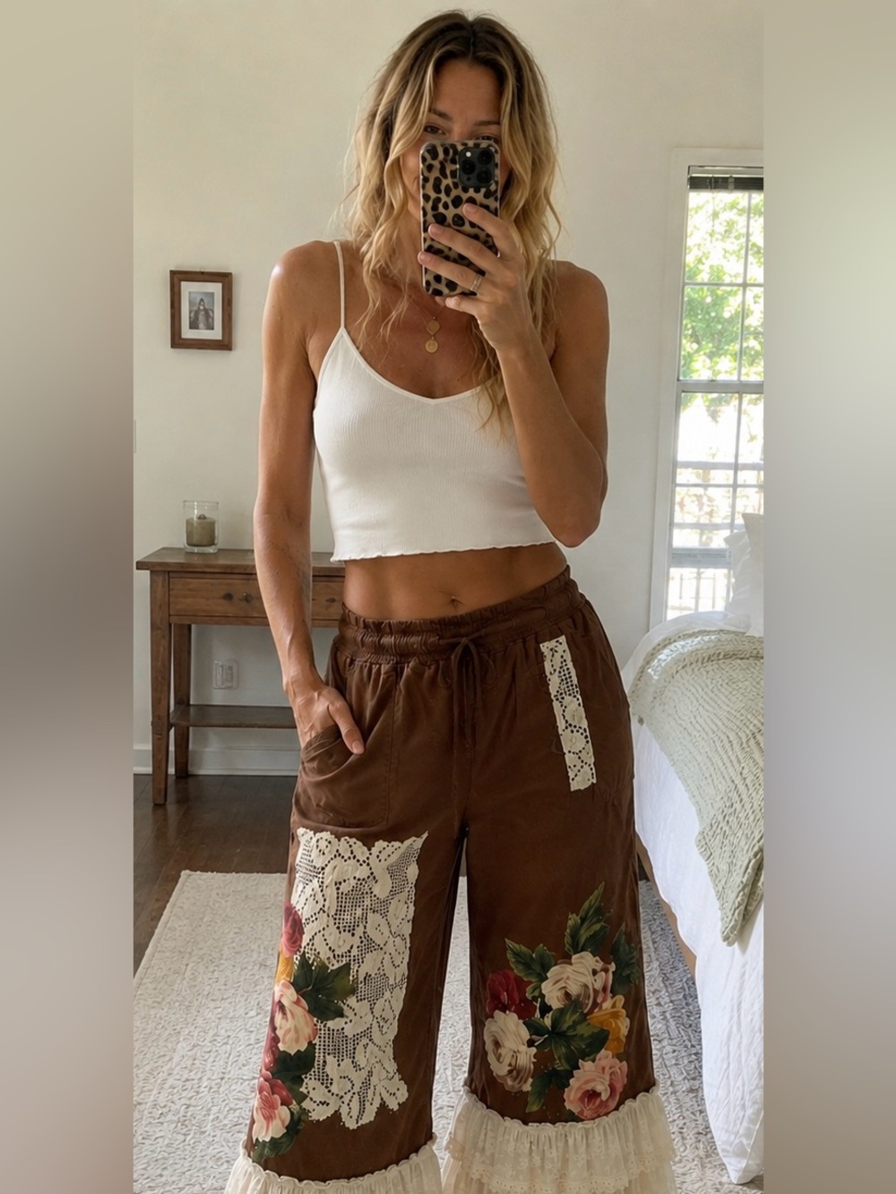 Upcycled Floral Lace-Trim Wide Leg Pants - Brown